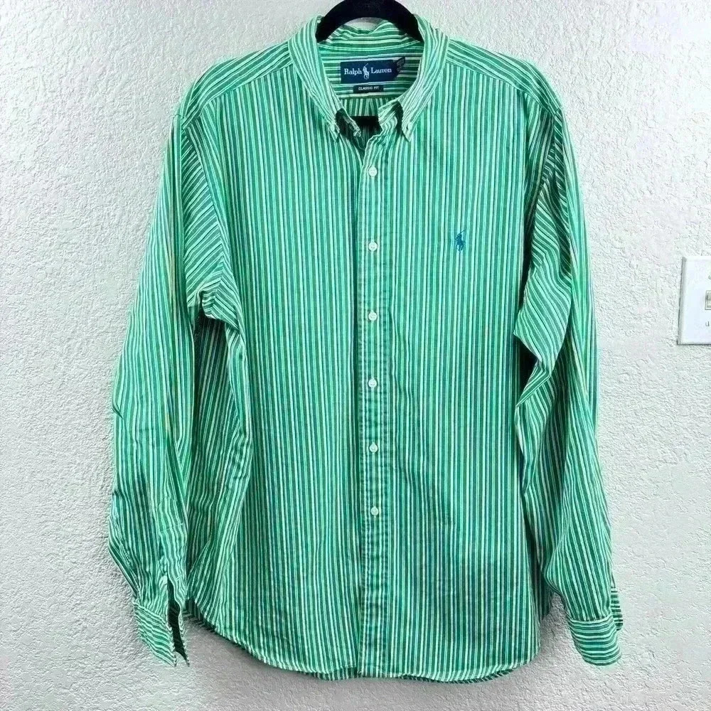 Ralph Lauren Classic Fit Green Multi-Stripe Button Down Shirt Men’s XL